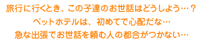 旅行に行くとき、この子達のお世話はどうしよう・・・？ペットホテルは、初めてで心配だな・・・急な出張でお世話を頼む人の都合がつかない・・・